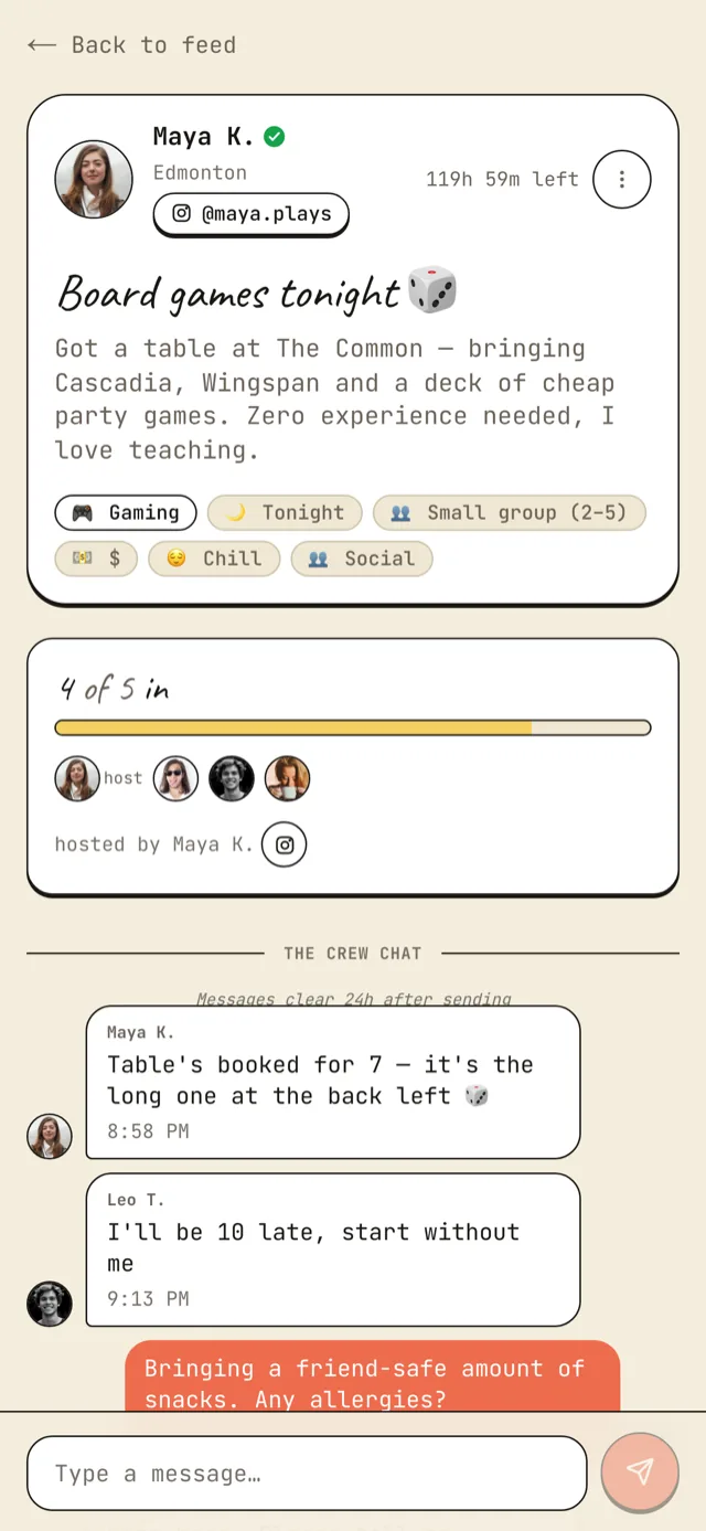 Group whim “Board games tonight” hosted by Maya K.: a “4 of 5 in” headcount bar with member avatars, and the crew chat below noting messages clear after 24 hours